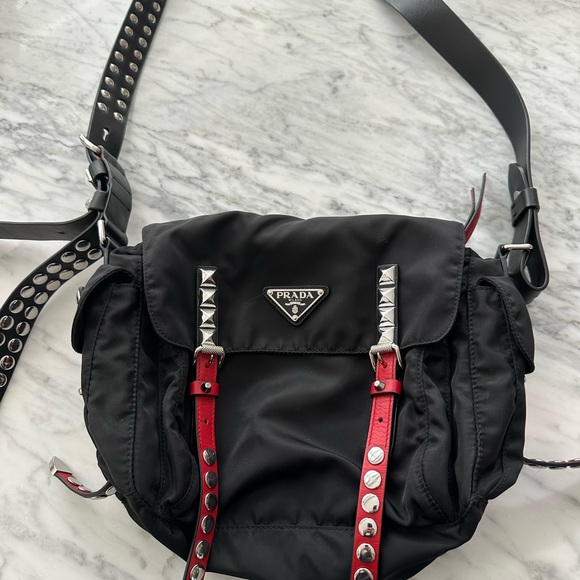 Prada New Vela Studded Black and Red Messenger Bag - Picture 2 of 12